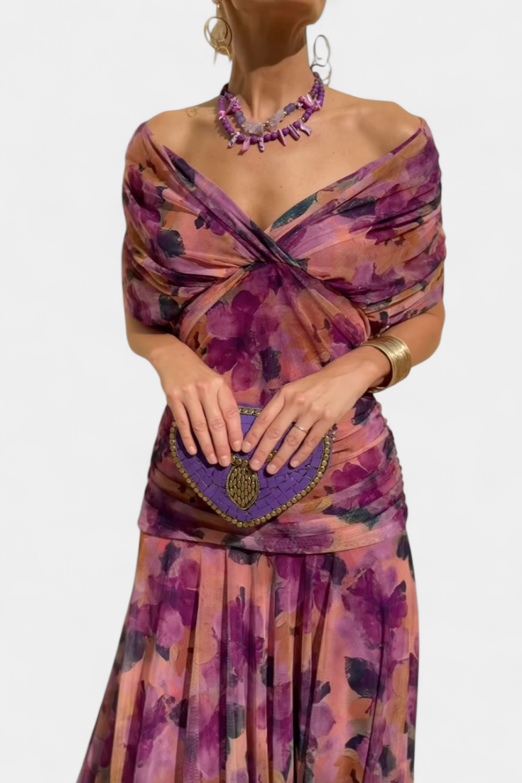 Floral V-Neck Maxi Dress with Pleated Waist - Long Sleeve