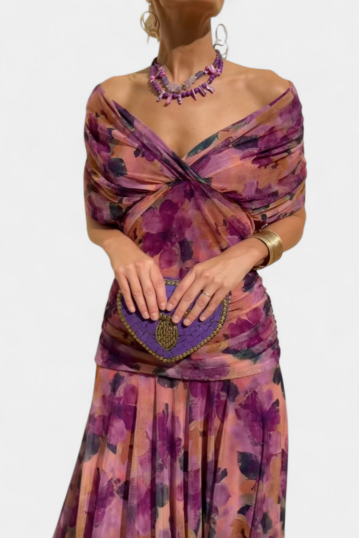 Floral V-Neck Maxi Dress with Pleated Waist - Long Sleeve