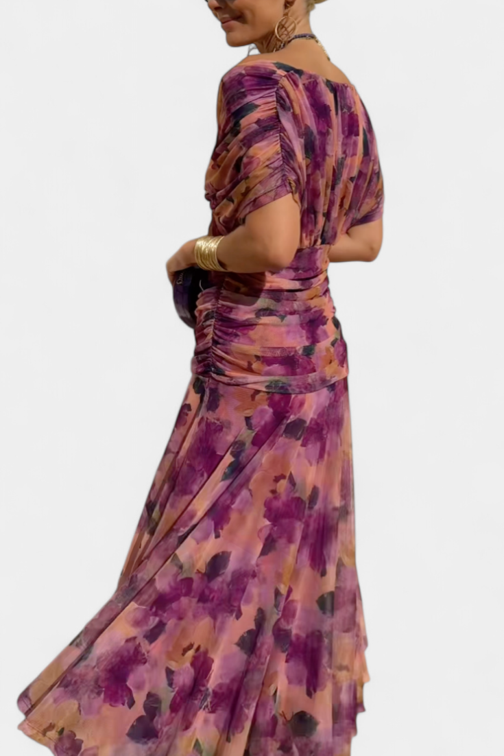 Floral V-Neck Maxi Dress with Pleated Waist - Long Sleeve