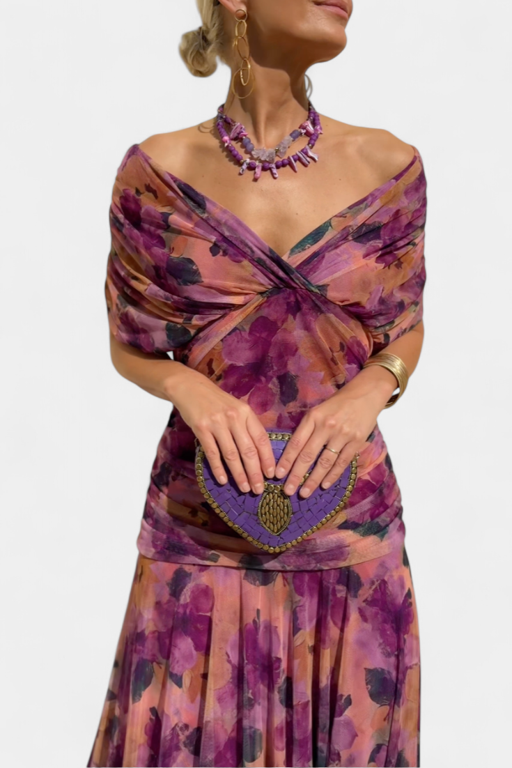 Floral V-Neck Maxi Dress with Pleated Waist - Long Sleeve