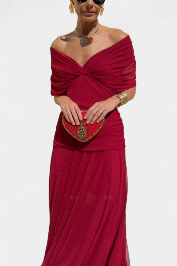 Floral V-Neck Maxi Dress with Pleated Waist - Long Sleeve