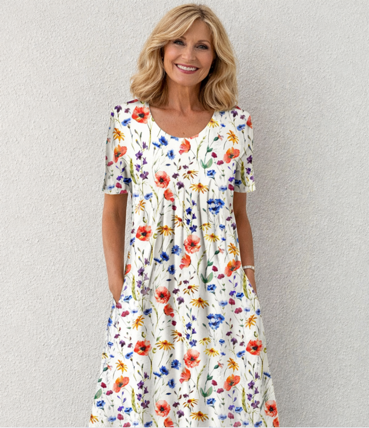 Pleated A-Line Dress with Flattering Fit and Belly Coverage