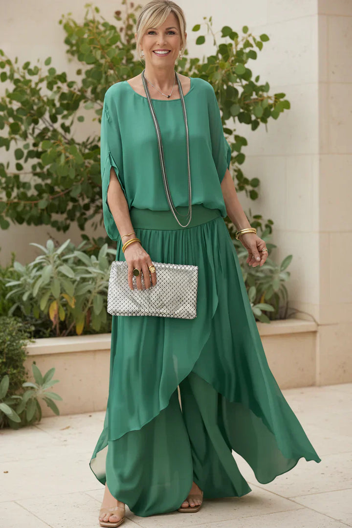 Two Piece Flowy Set for Women - Elegant Coral Outfit