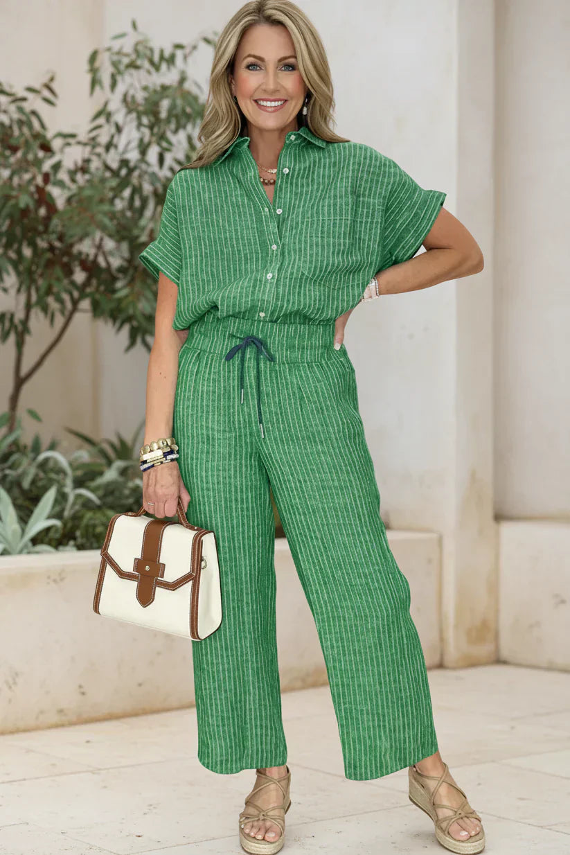 Two Piece Pinstripe Set for Women - Tailored Wide Leg Pants and Button Top
