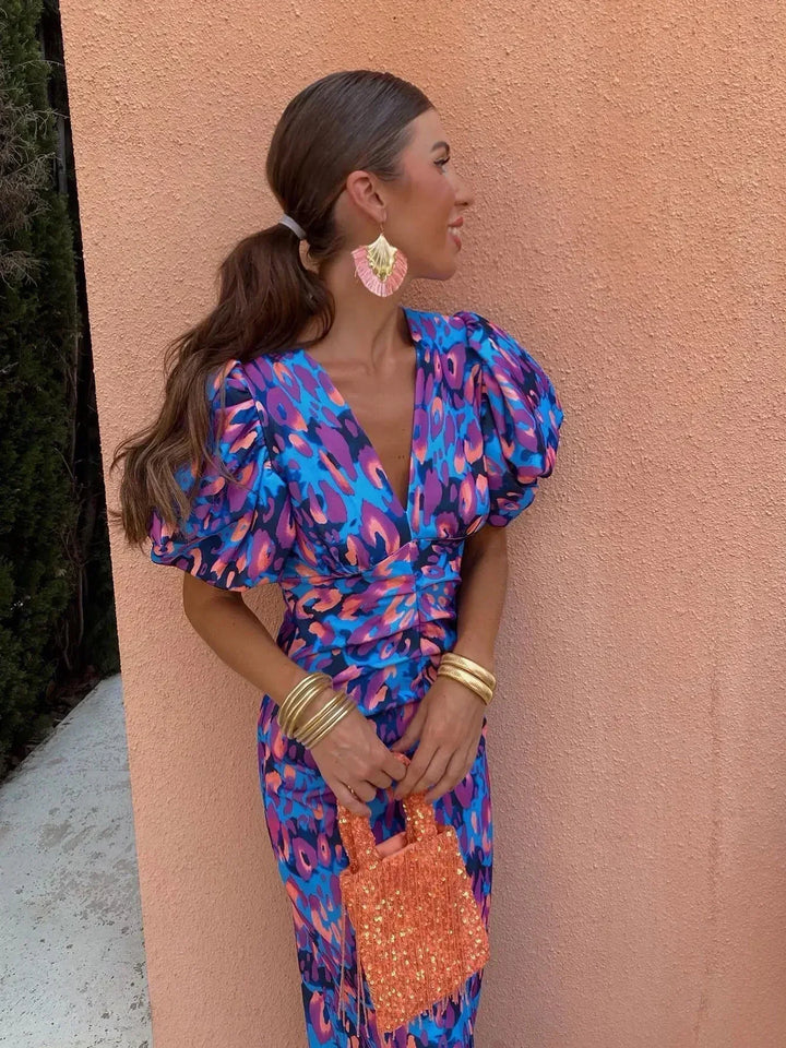Midi Dress with Puff Sleeves - Vibrant Floral Print for Women