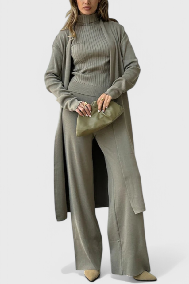 3-Piece Knit Set Long Cardigan Wide Leg Pants Turtleneck