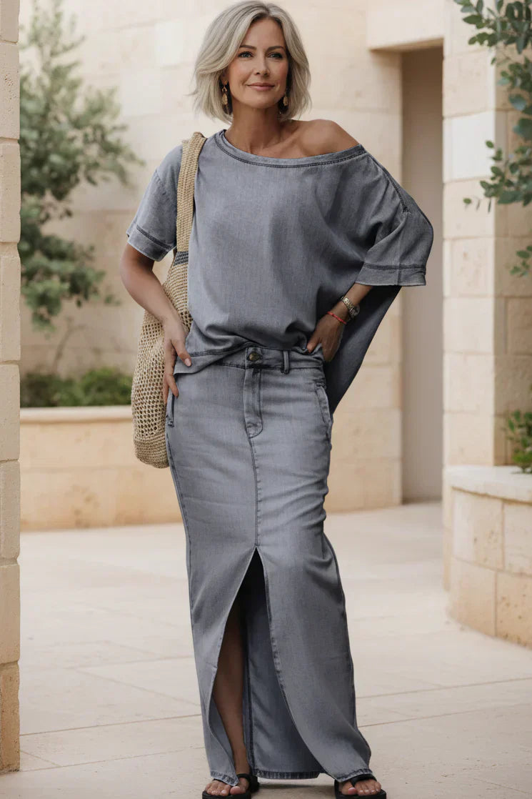Denim Two Piece Set with Off Shoulder Top and Maxi Skirt