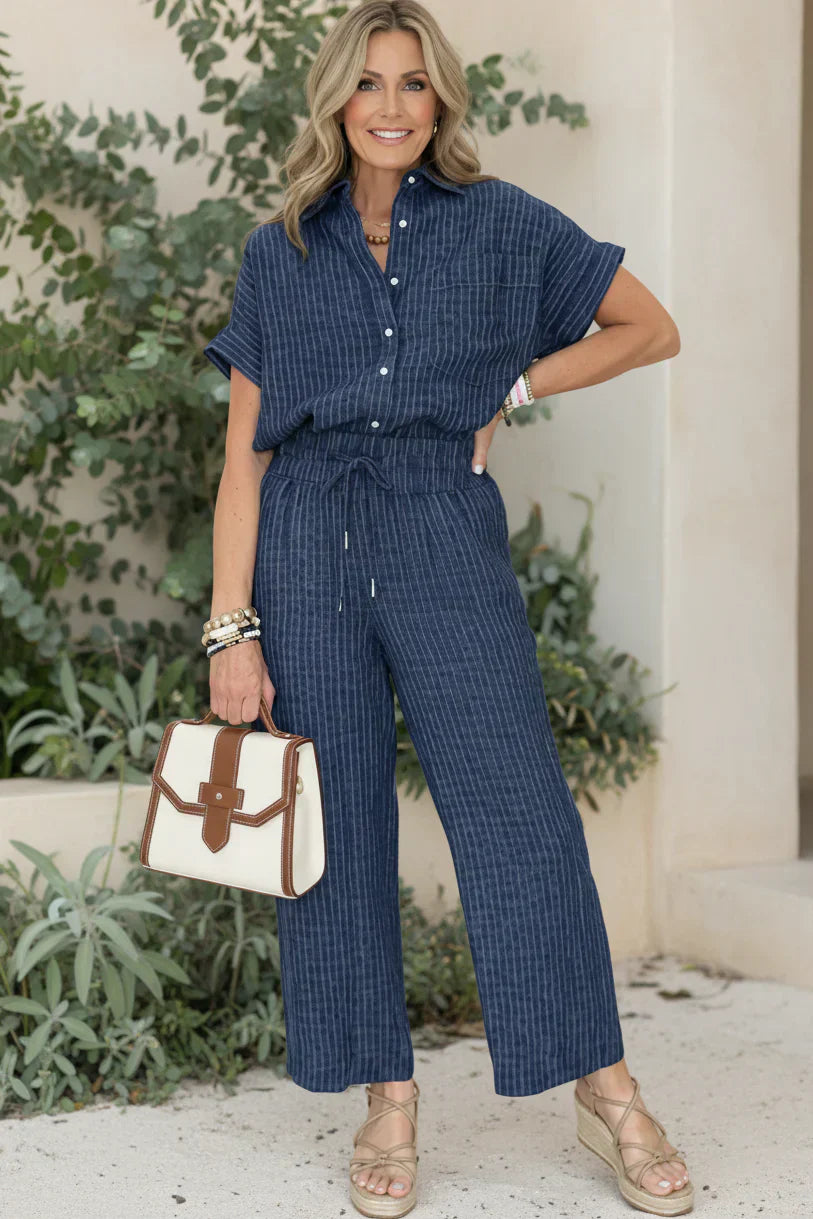 Two Piece Pinstripe Set for Women - Tailored Wide Leg Pants and Button Top