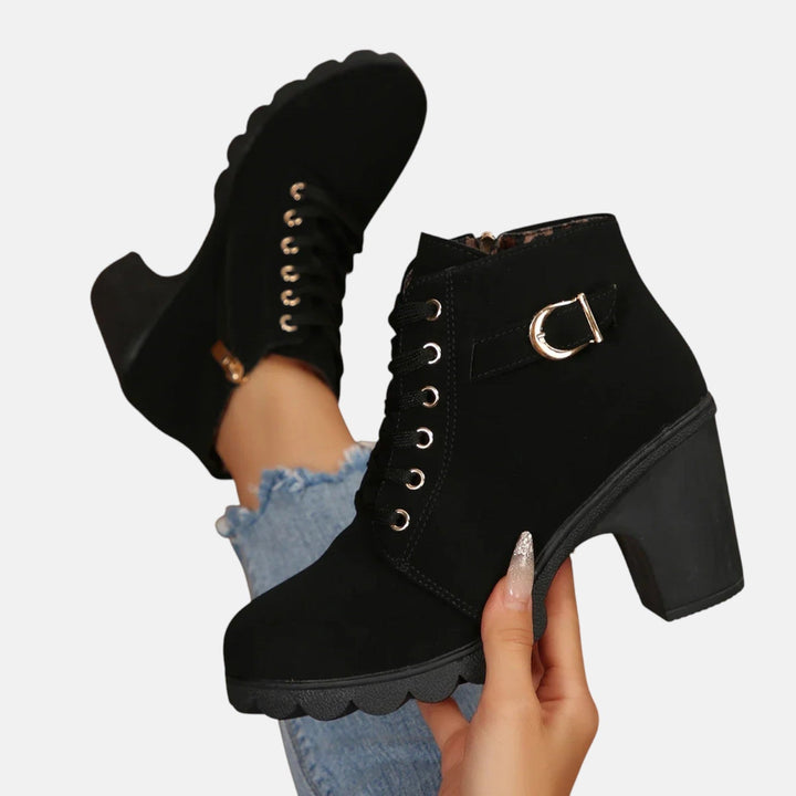 Leather Ankle Boots for Women - Lace Up Block Heel Booties