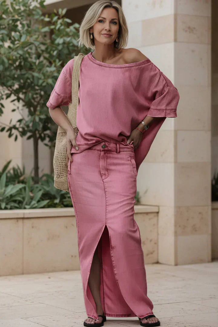Denim Two Piece Set with Off Shoulder Top and Maxi Skirt
