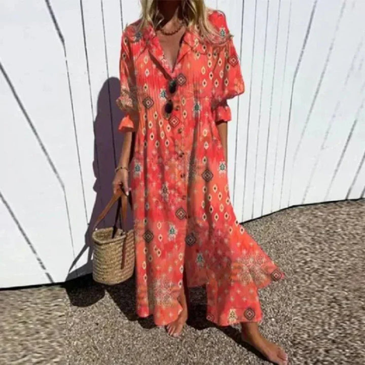 Boho Maxi Dress with V-Neck for Women - Flowy Summer Dress