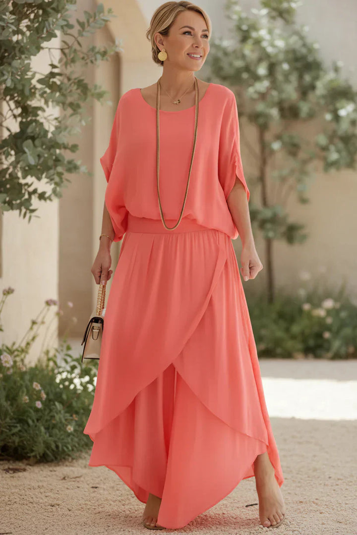 Two Piece Flowy Set for Women - Elegant Coral Outfit
