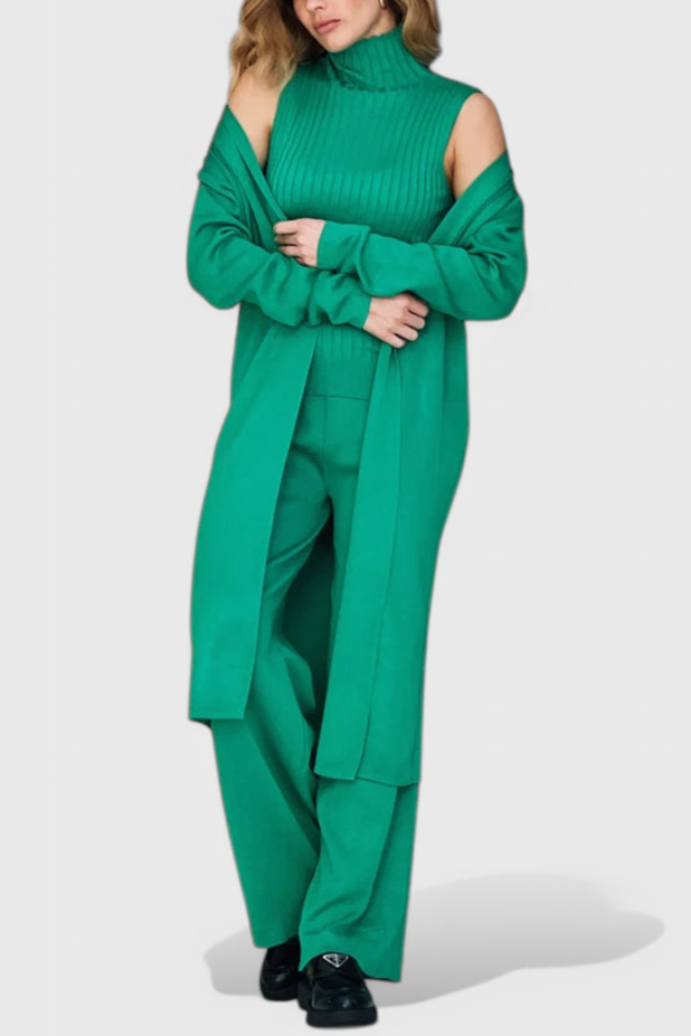 3-Piece Knit Set Long Cardigan Wide Leg Pants Turtleneck