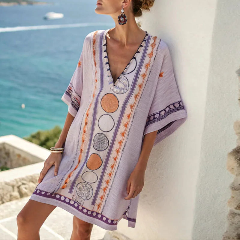 Beach Dress with V-Neck - Lightweight Floral Summer Dress