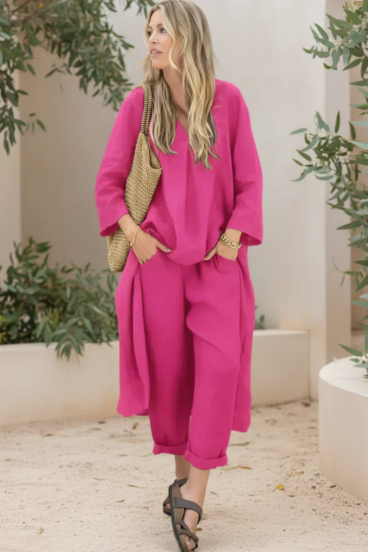 Two Piece Matching Set for Women - Relaxed Fit Top and Trousers