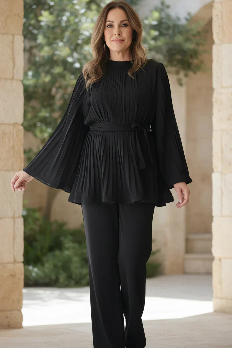 Pleated Two Piece Set - Elegant Wide Leg Pants and Top Outfit