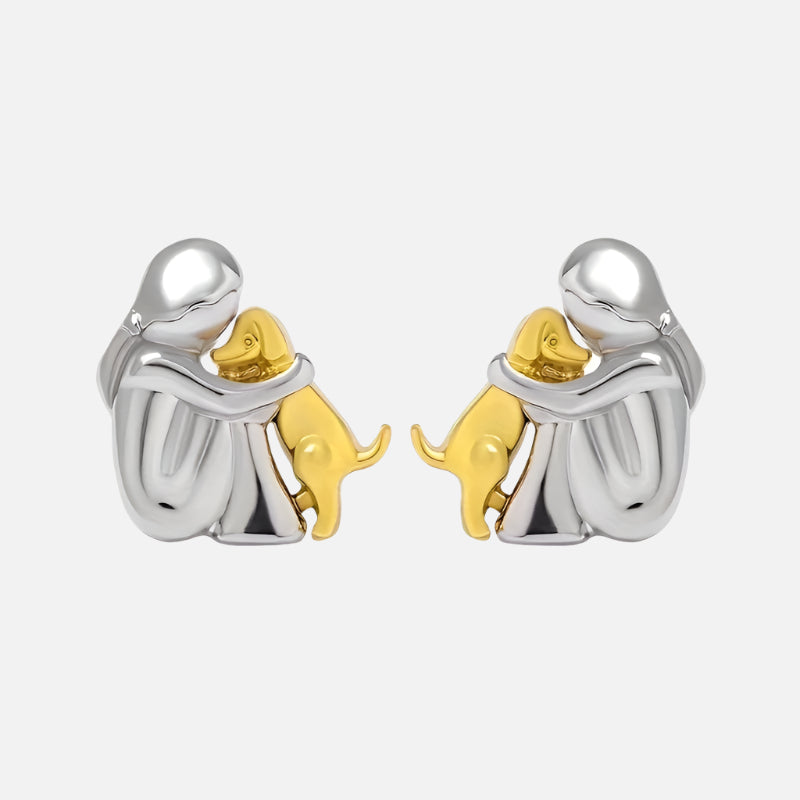 Dog Hug Stud Earrings Two Tone Gold Silver Pet Lover Gift