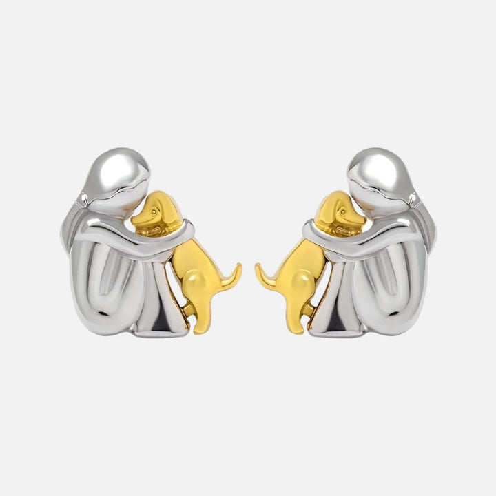 Dog Hug Stud Earrings Two Tone Gold Silver Pet Lover Gift