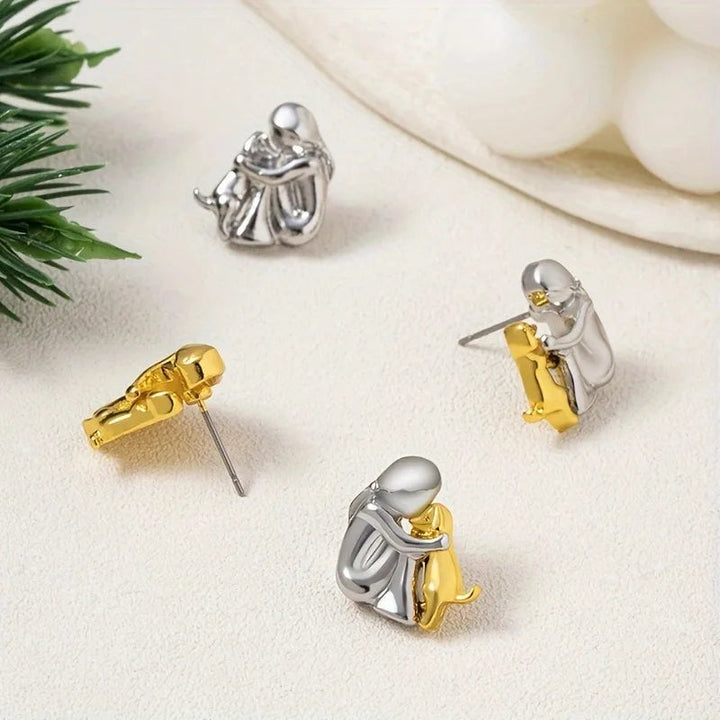 Dog Hug Stud Earrings Two Tone Gold Silver Pet Lover Gift