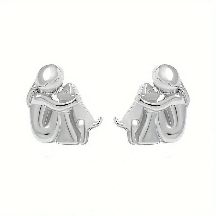 Dog Hug Stud Earrings Two Tone Gold Silver Pet Lover Gift