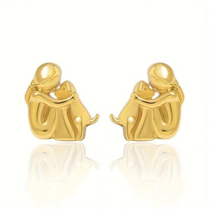 Dog Hug Stud Earrings Two Tone Gold Silver Pet Lover Gift