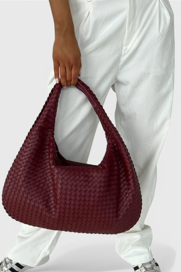 Woven Shoulder Bag - Vegan Leather Handbag with Structured Silhouette