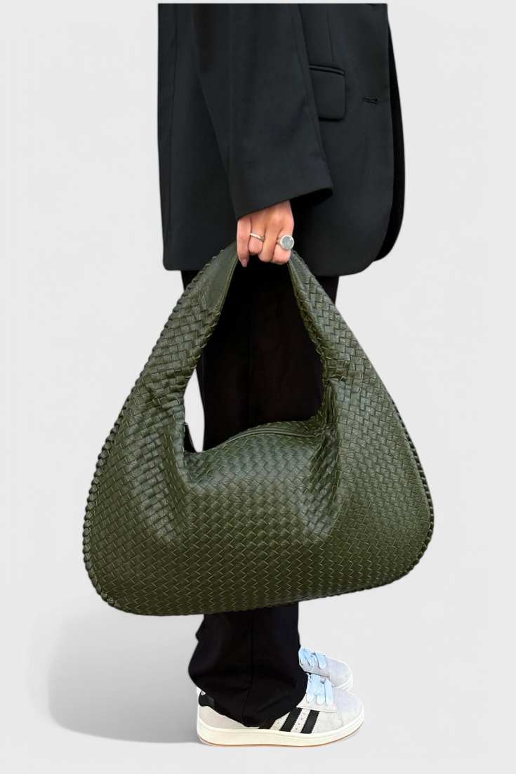 Woven Shoulder Bag - Vegan Leather Handbag with Structured Silhouette
