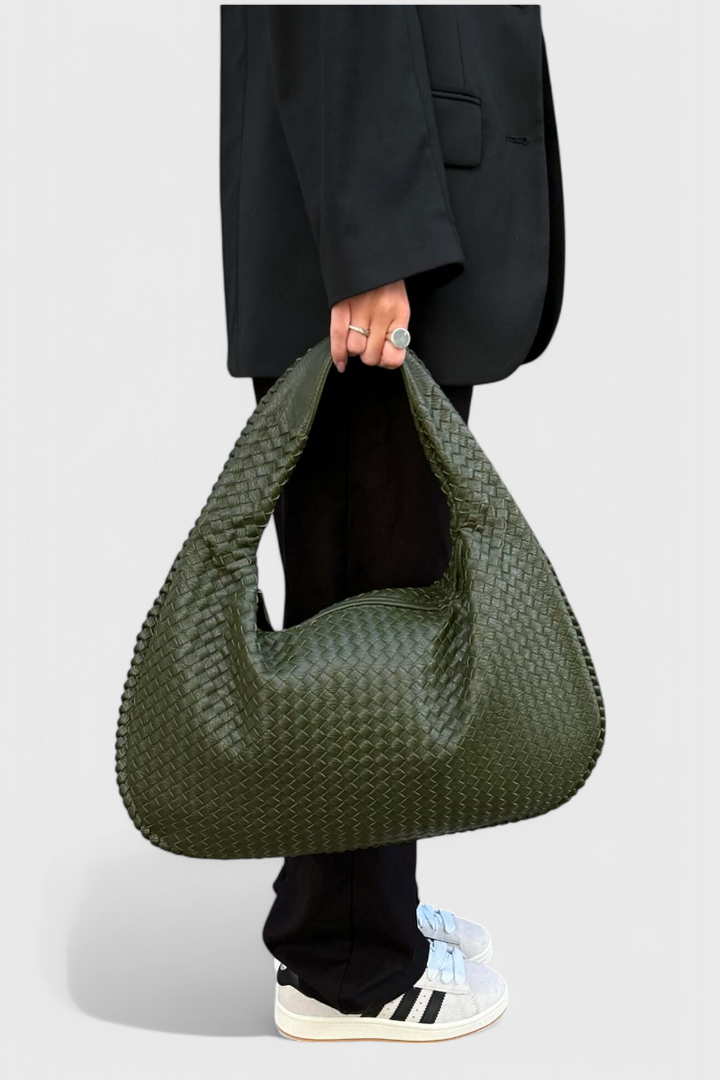 Woven Shoulder Bag - Vegan Leather Handbag with Structured Silhouette