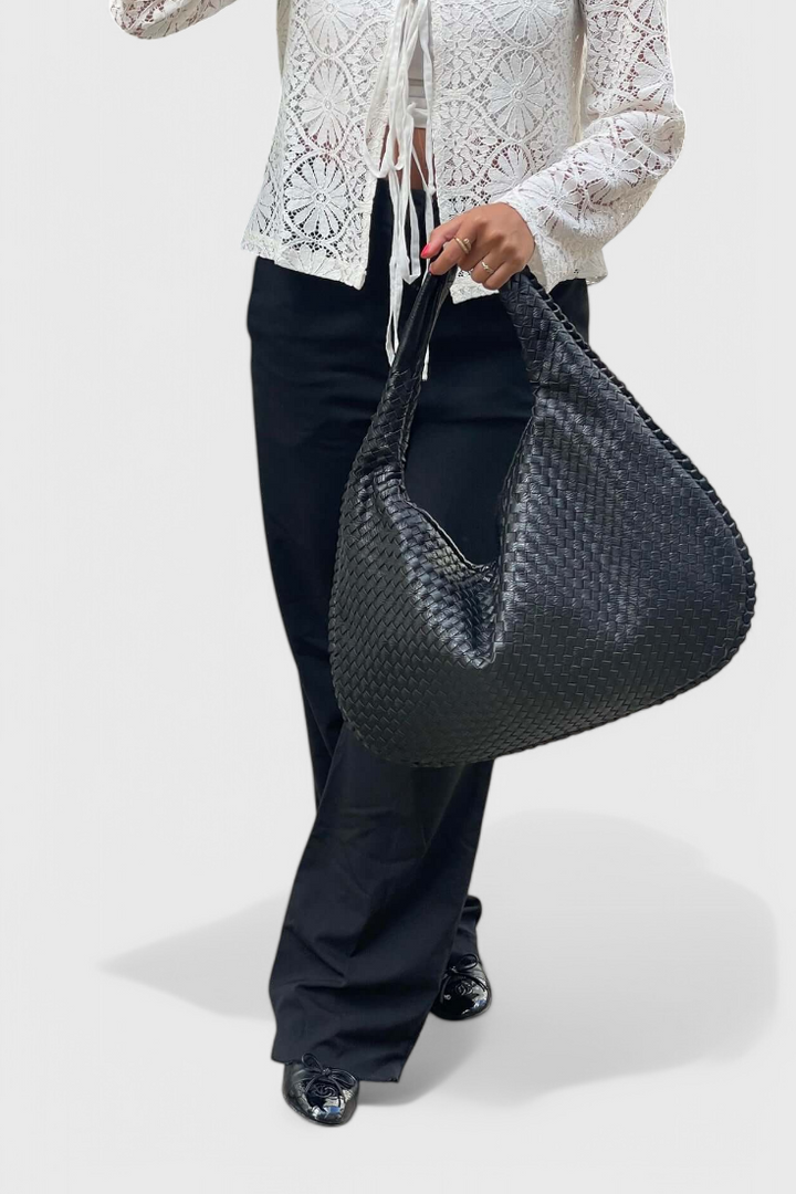 Woven Shoulder Bag - Vegan Leather Handbag with Structured Silhouette