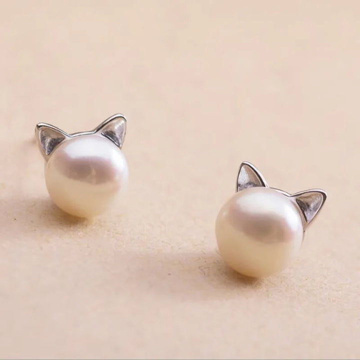 Pearl Cat Stud Earrings Sterling Silver - Elegant Animal Jewelry