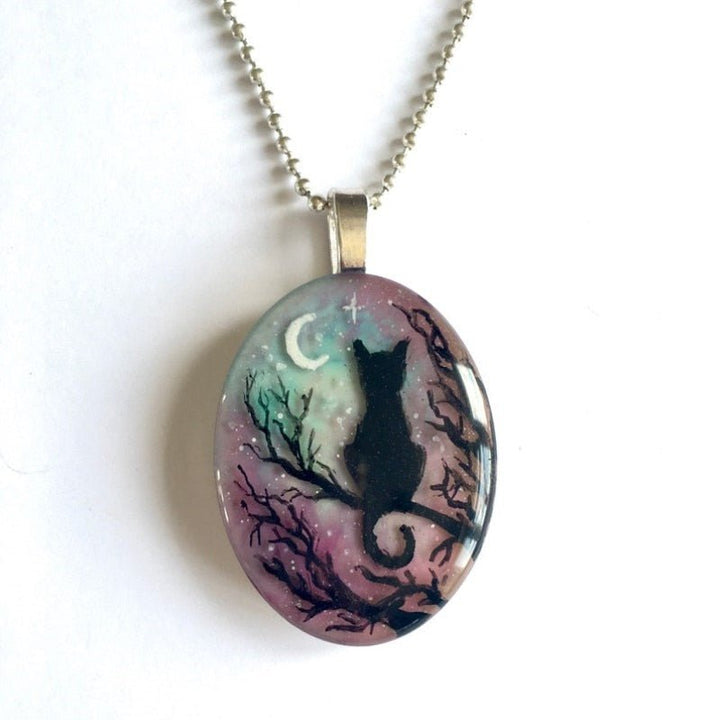 Cat Necklace with Starry Night Design - Whimsical Pendant