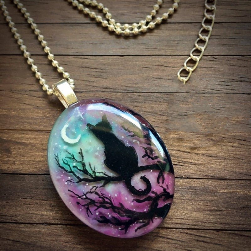 Cat Necklace with Starry Night Design - Whimsical Pendant