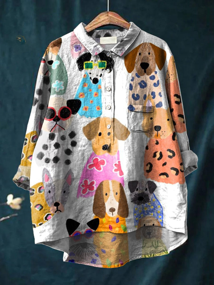 Dog Print Shirt for Women | Button Down Blouse with Playful Pattern