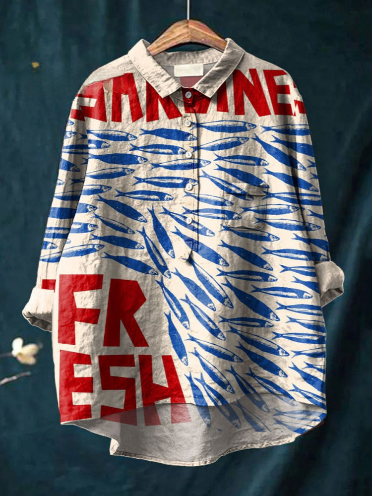 Sardines Print Shirt for Women | Classic Button Up Blouse