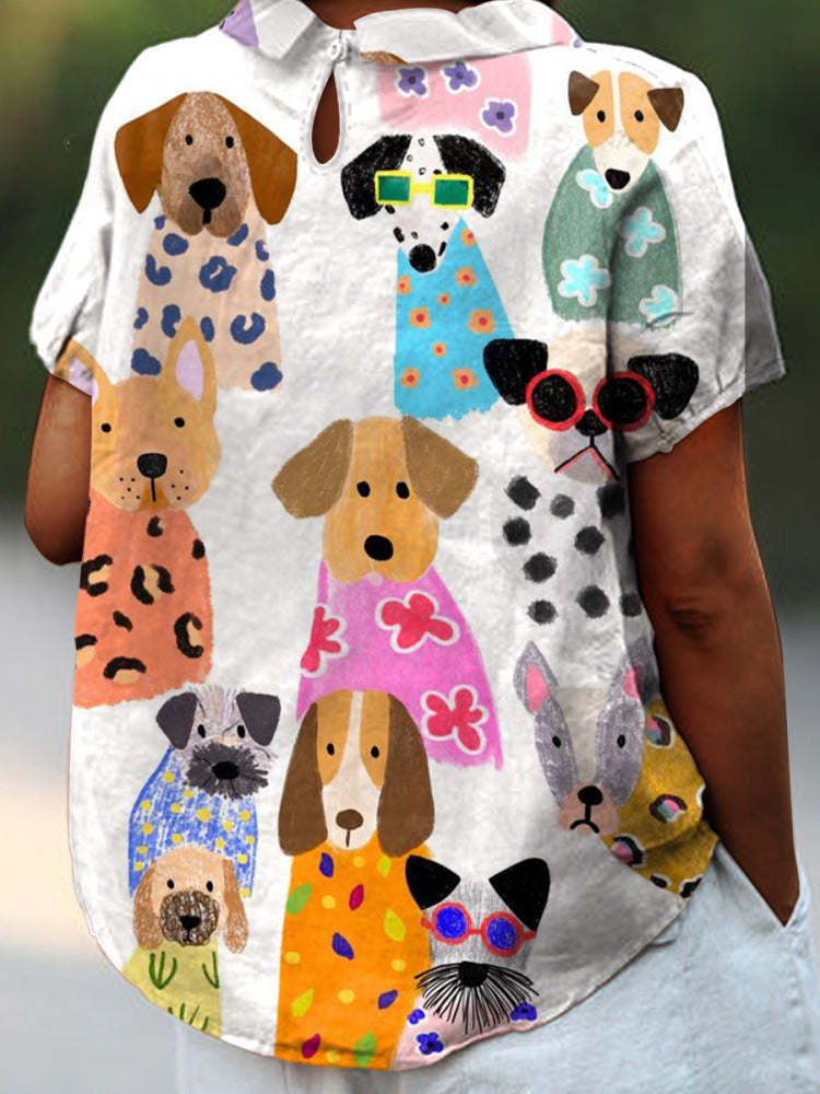 Dog Print Button Down Shirt for Women | Relaxed Fit Cotton Linen