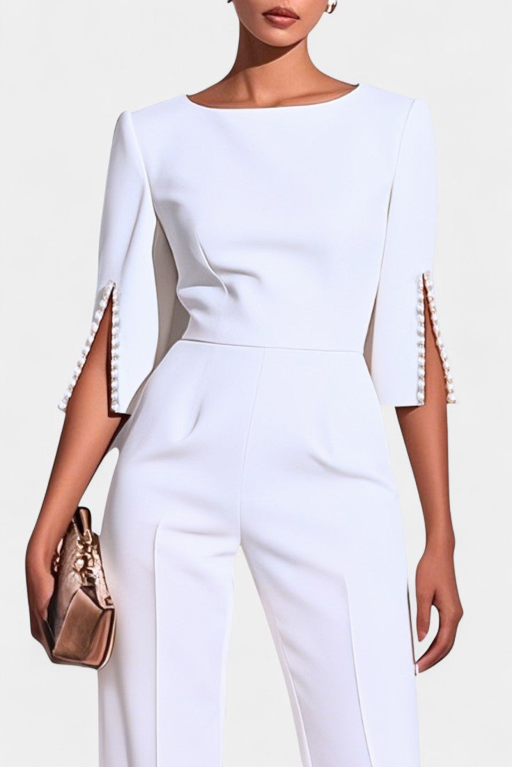 Three-Quarter Sleeve Jumpsuit with Pearl Button Detail