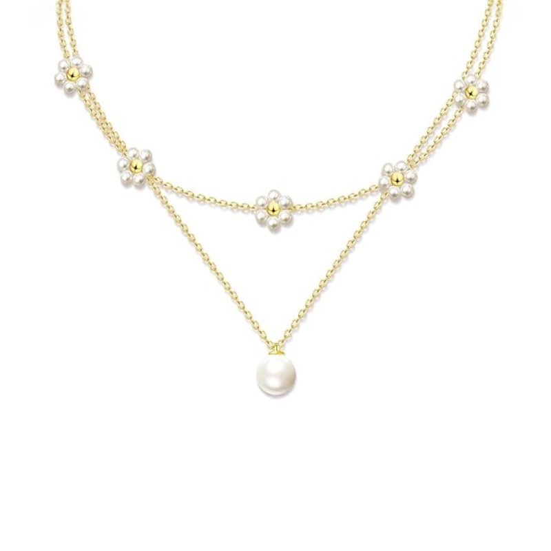 Layered Pearl Necklace with Floral Accent - Gold Statement Jewelry