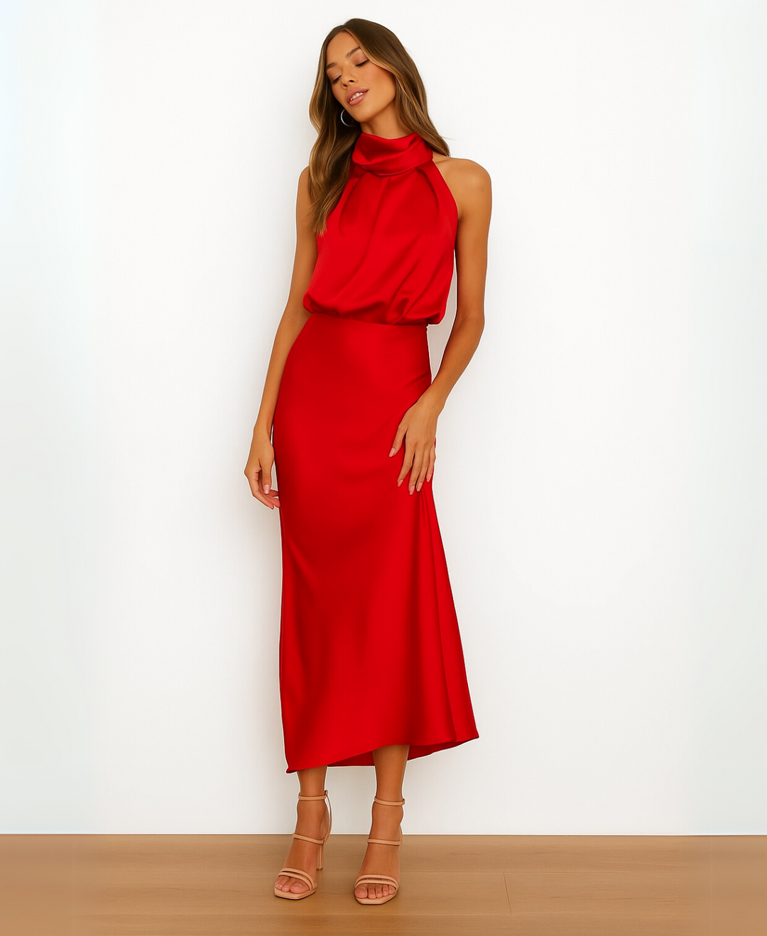 Midi Dress with Draped Neckline - Elegant Stretchy Fitted Dress