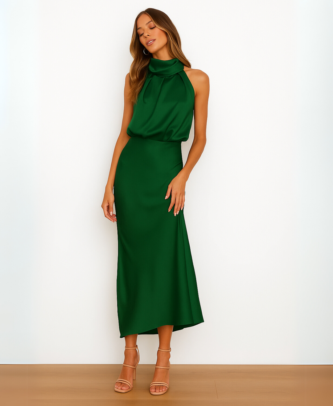 Midi Dress with Draped Neckline - Elegant Stretchy Fitted Dress