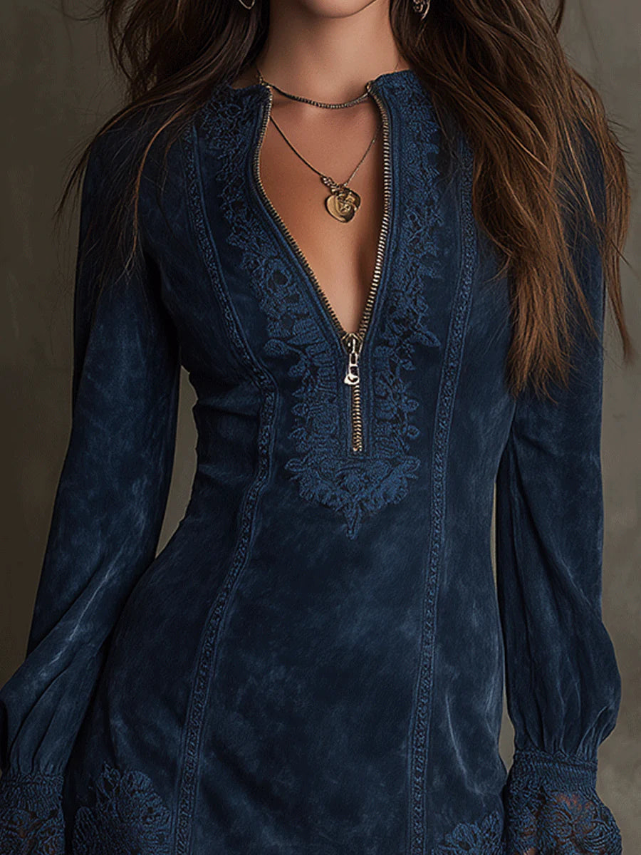 Embroidered Zip Tunic for Women | Relaxed Fit Bohemian Top