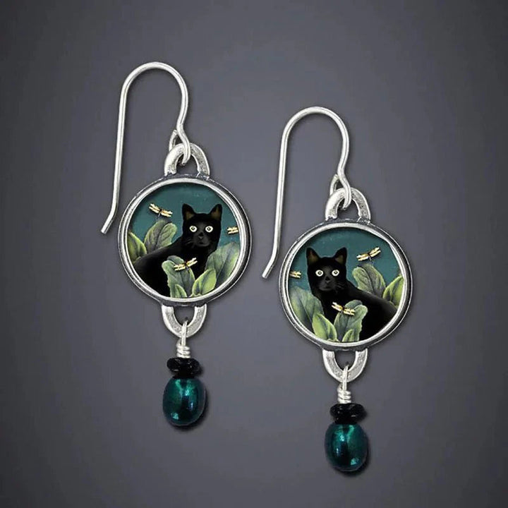 Black Cat Dangle Earrings - Vintage Tropical Statement Jewelry