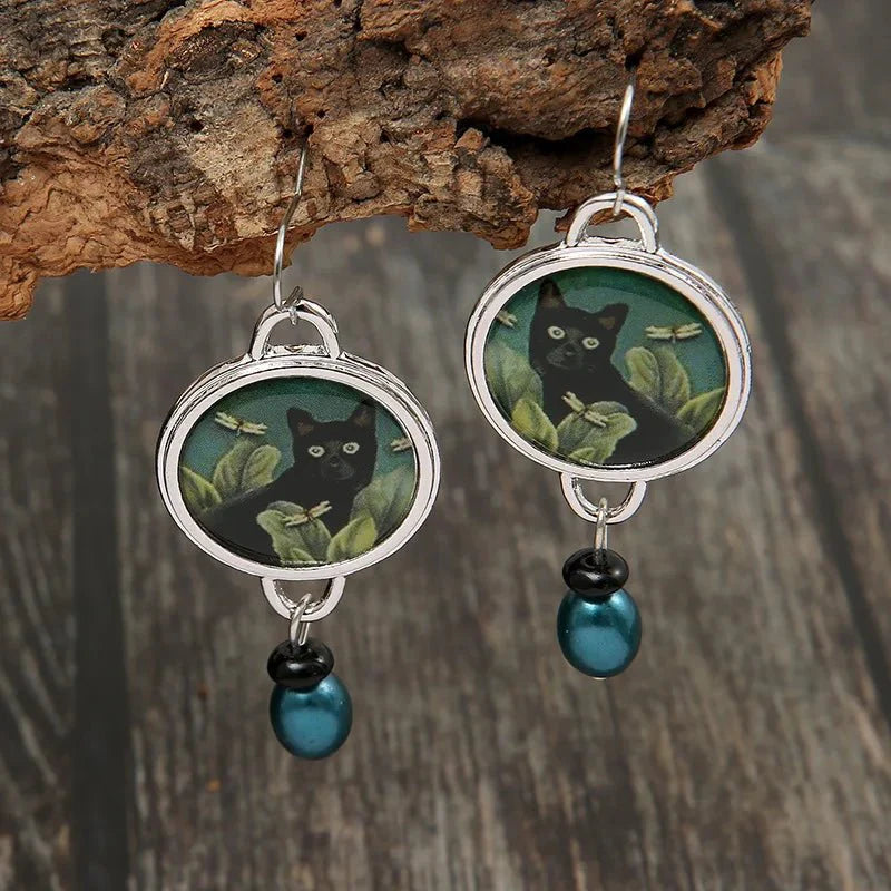 Black Cat Dangle Earrings - Vintage Tropical Statement Jewelry