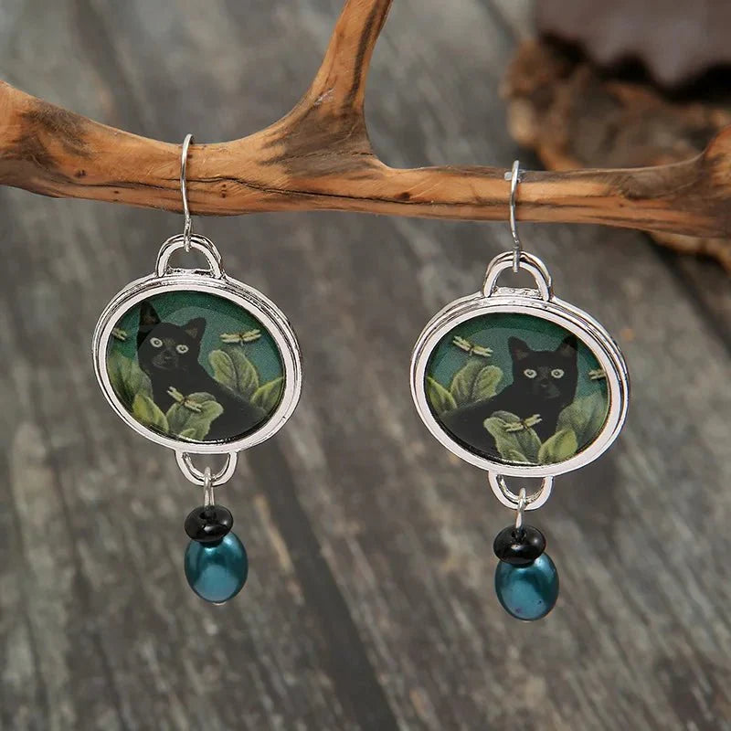 Black Cat Dangle Earrings - Vintage Tropical Statement Jewelry