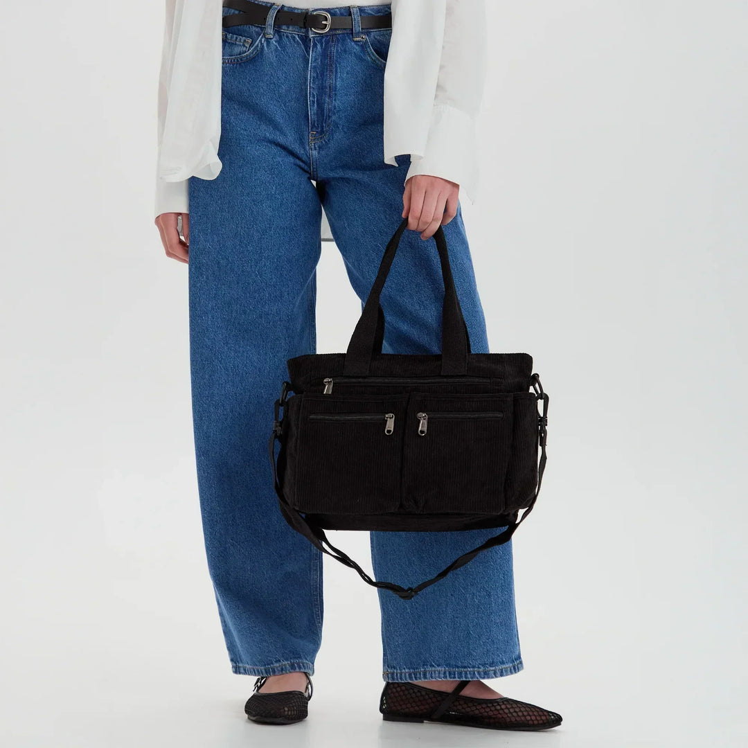 Corduroy Crossbody Bag with Adjustable Strap and Multiple Pockets