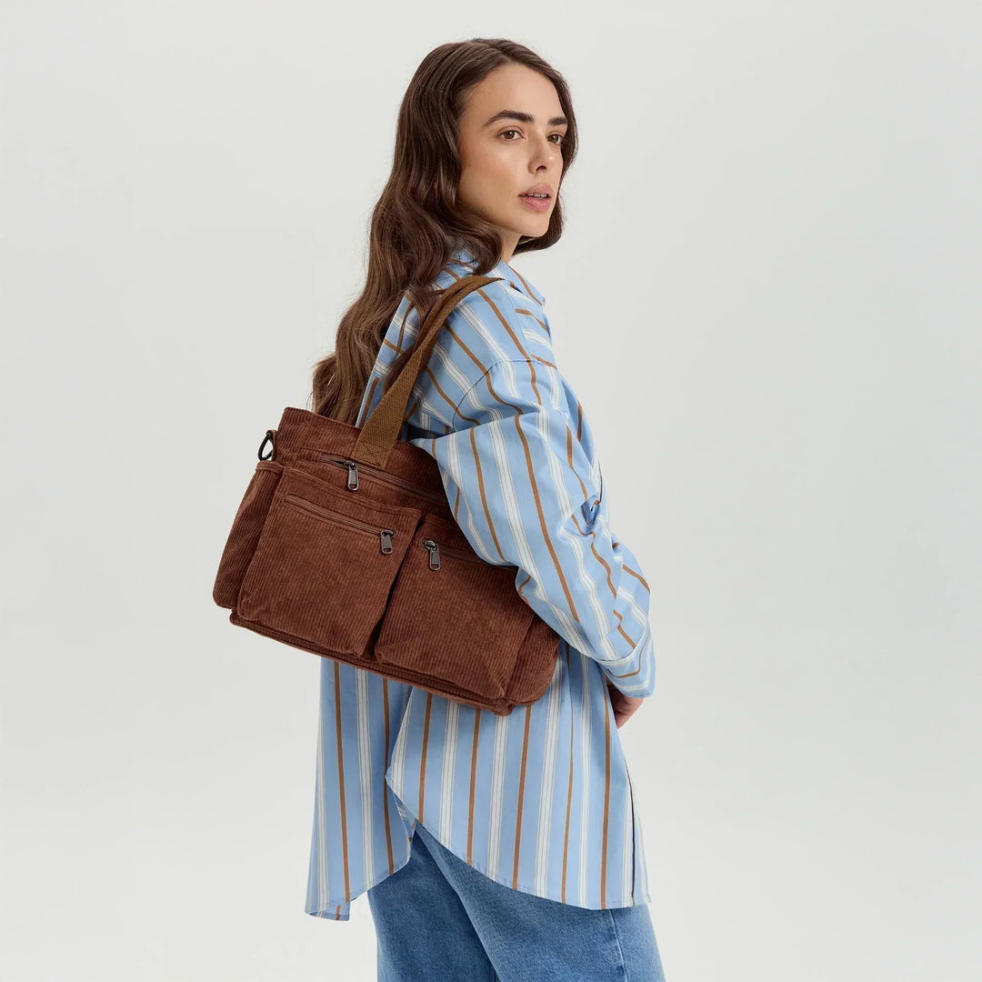 Corduroy Crossbody Bag with Adjustable Strap and Multiple Pockets