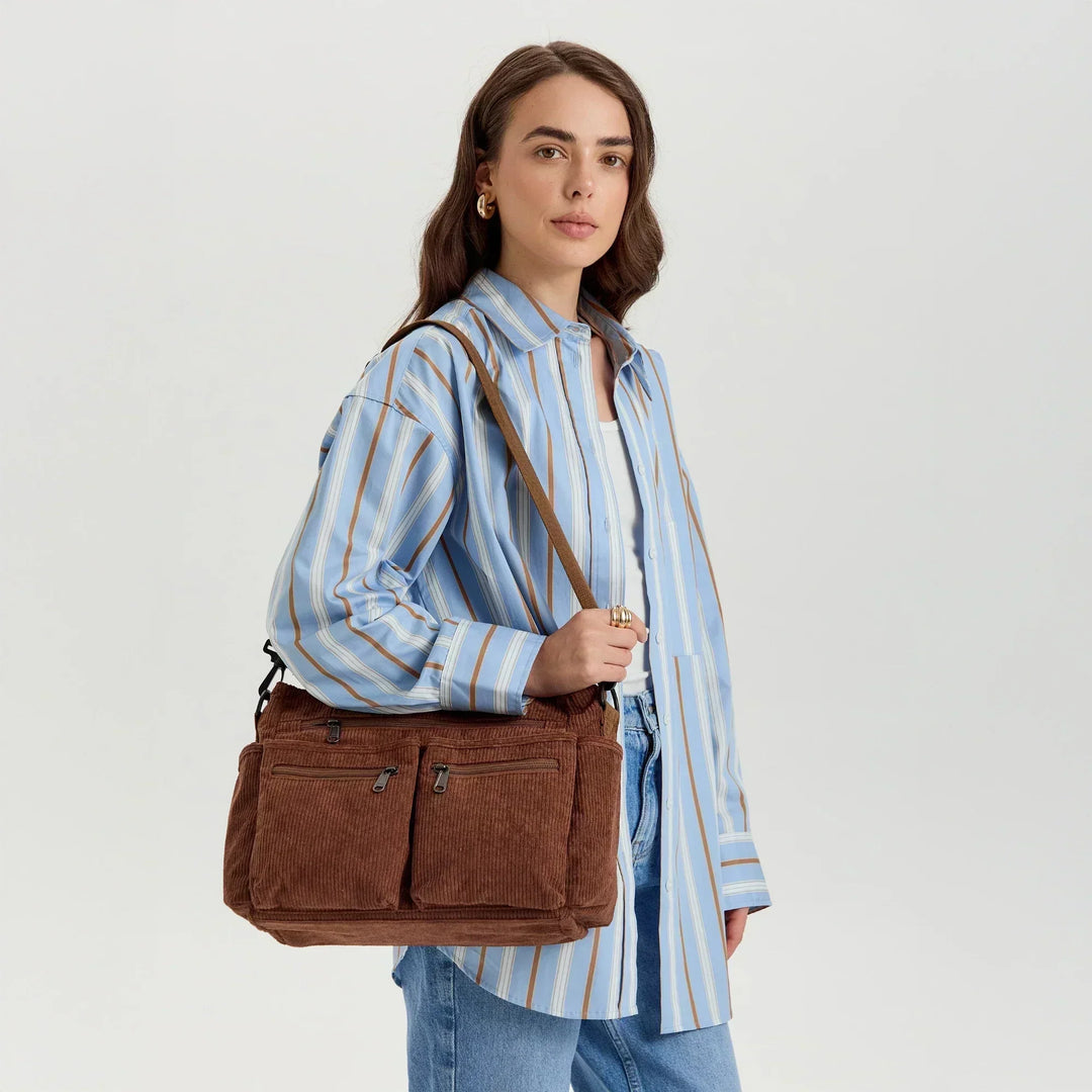 Corduroy Crossbody Bag with Adjustable Strap and Multiple Pockets