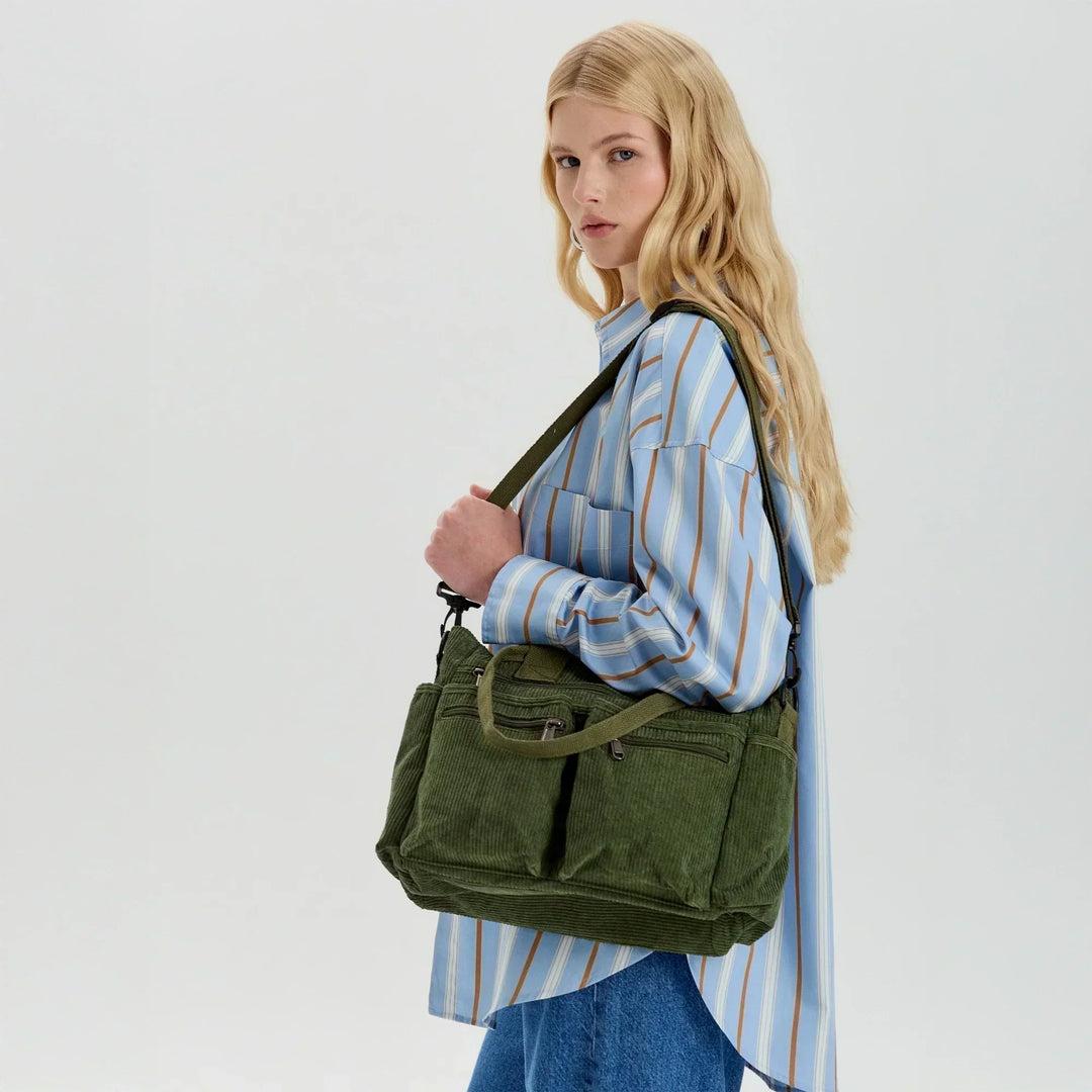 Corduroy Crossbody Bag with Adjustable Strap and Multiple Pockets