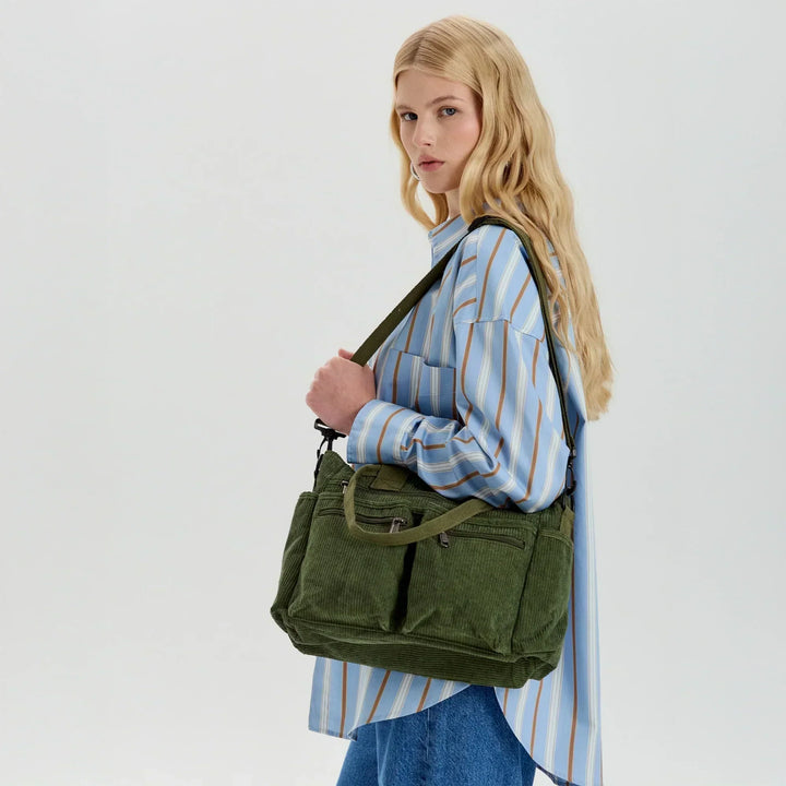Corduroy Crossbody Bag with Adjustable Strap and Multiple Pockets