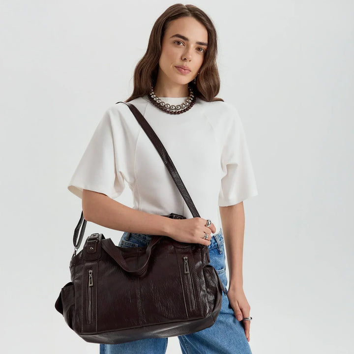Vegan Leather Crossbody Bag - Structured Tote with Laptop Compartment