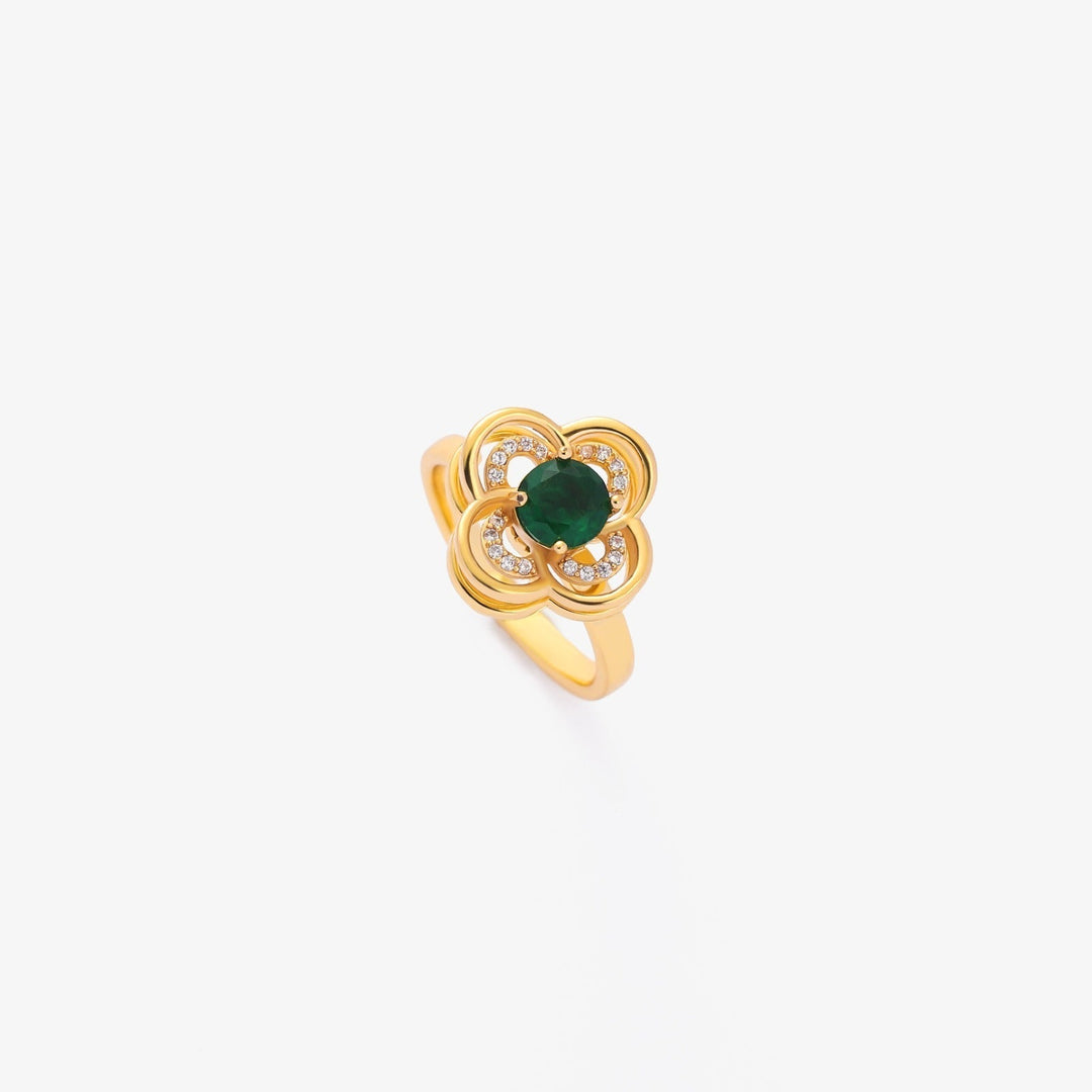 Emerald Spinning Ring | Gold Clover Halo Design